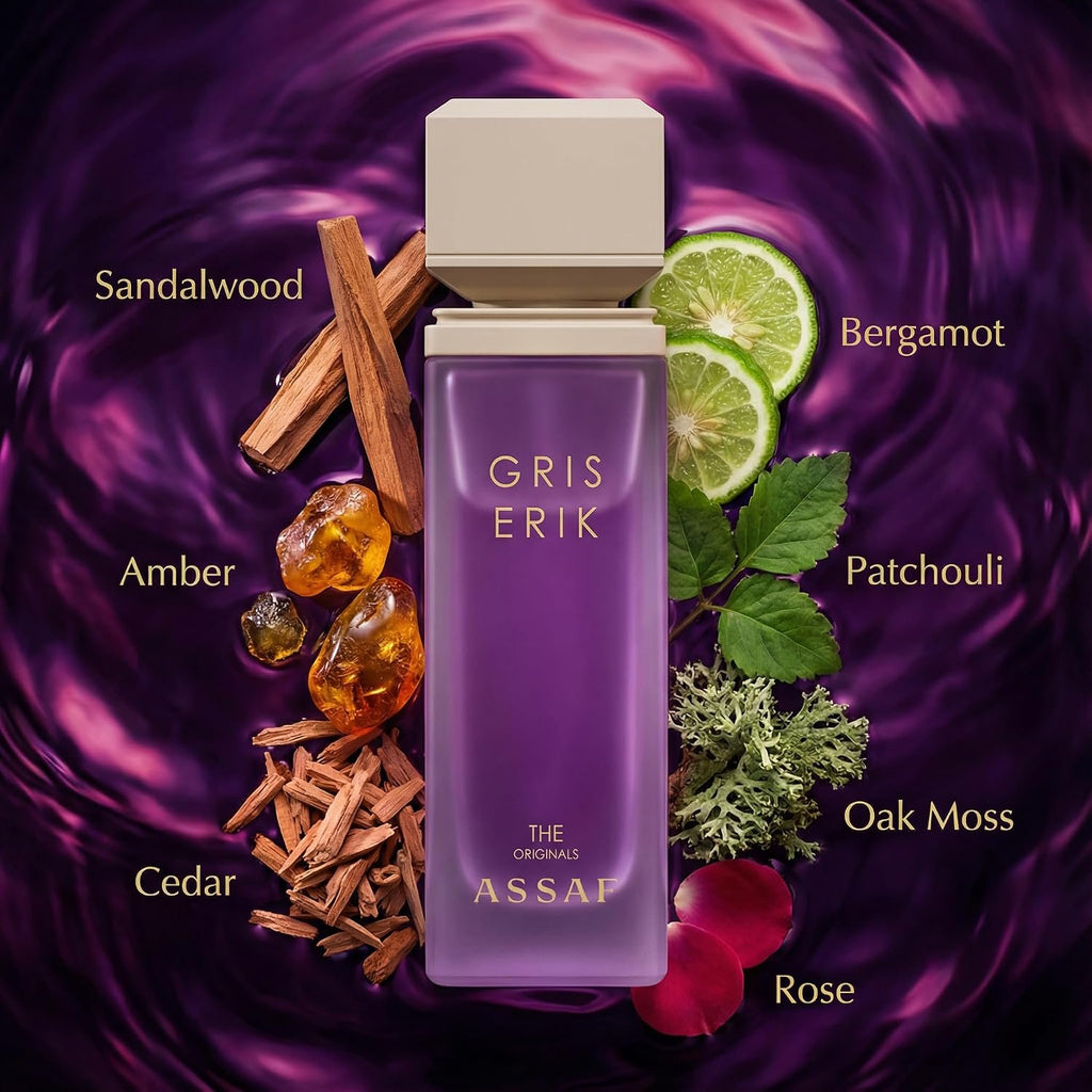 Assaf Gris Eric Eau de Parfum – 100 ml | Unisex Long-Lasting Perfume | Notes of Sandalwood, Amber, Bergamot & Rose | Elegant Woody Floral Fragrance