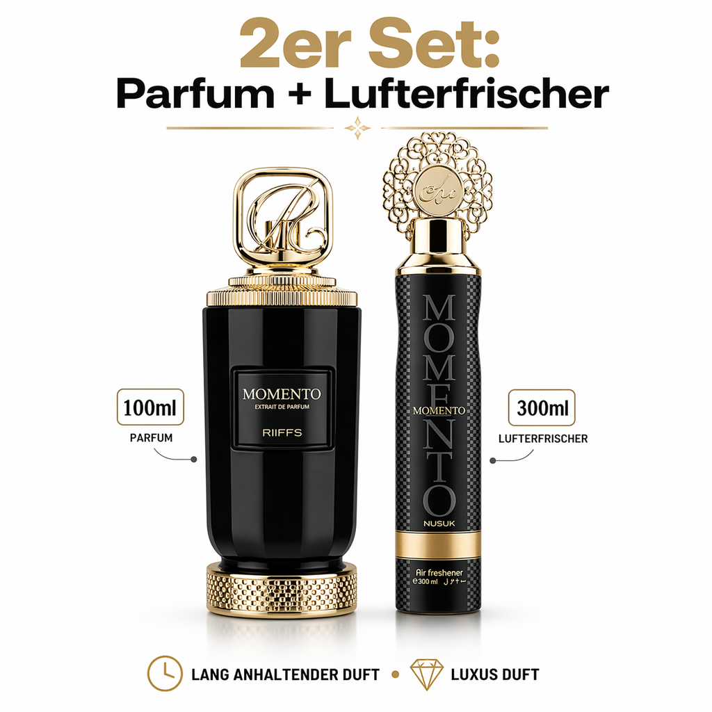 Riiffs Momento Parfum 100 ml & Lufterfrischer 300 ml Set – 2er Set Luxus Duft, langanhaltend, Duft, Geschenk Set