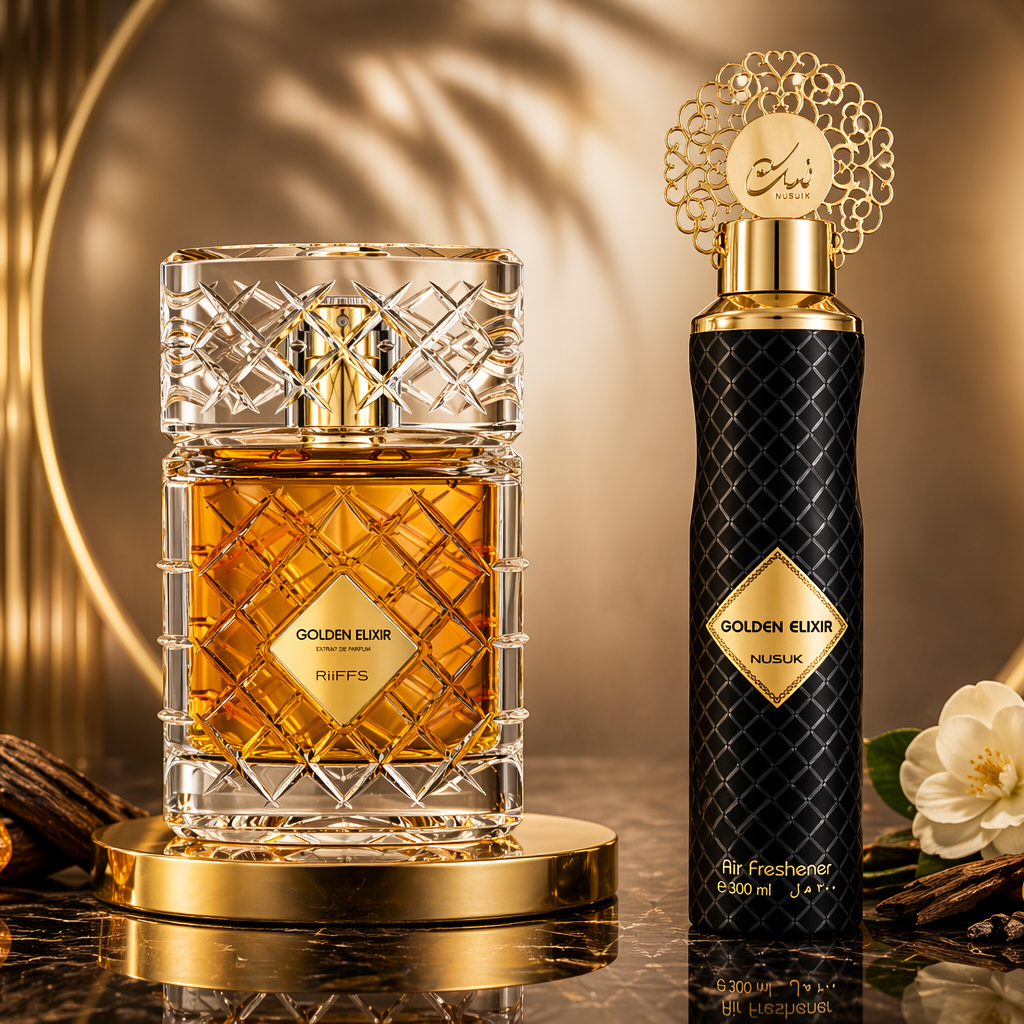 Riiffs Golden Elixir Eau de Parfum 100 ml & Nusuk Air Freshener 300 ml – 2er Set, süß-warmer Luxus Duft, langanhaltend, Raumduft Set