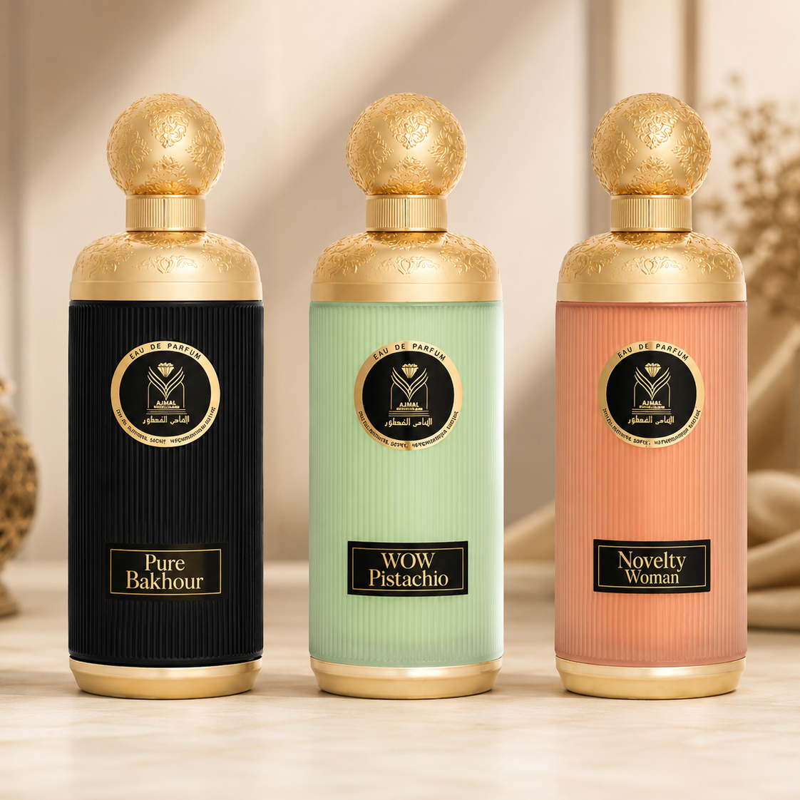 Almas Perfumes Eau de Parfum 200ml – WOW Pistachio, Pure Bakhour & Novelty Woman | Oriental Fragrances