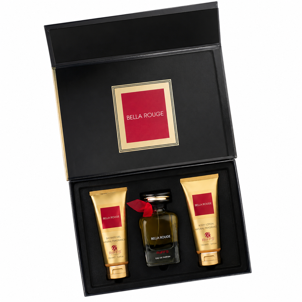 RIIFFS Bella Rouge Duftset Damen | Parfüm Geschenkbox Geburtstag Weihnachten | Körperpflege Set 3-teilig – Frauen Geschenkidee