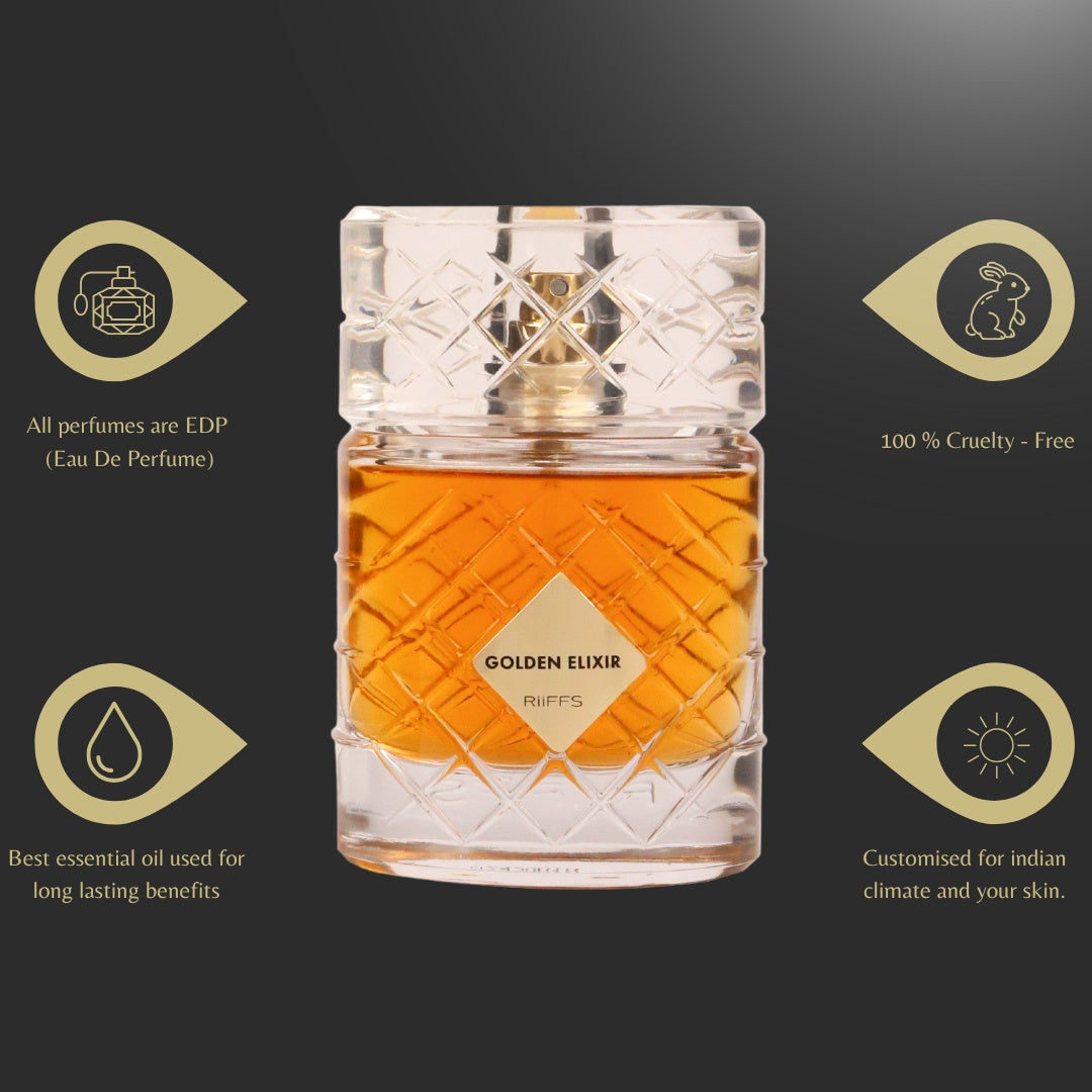 Riiffs Golden Elixir Eau de Parfum 100ml Unisex – Warmer & Intensiver Duft, Langanhaltendes Luxus Parfum für Damen & Herren