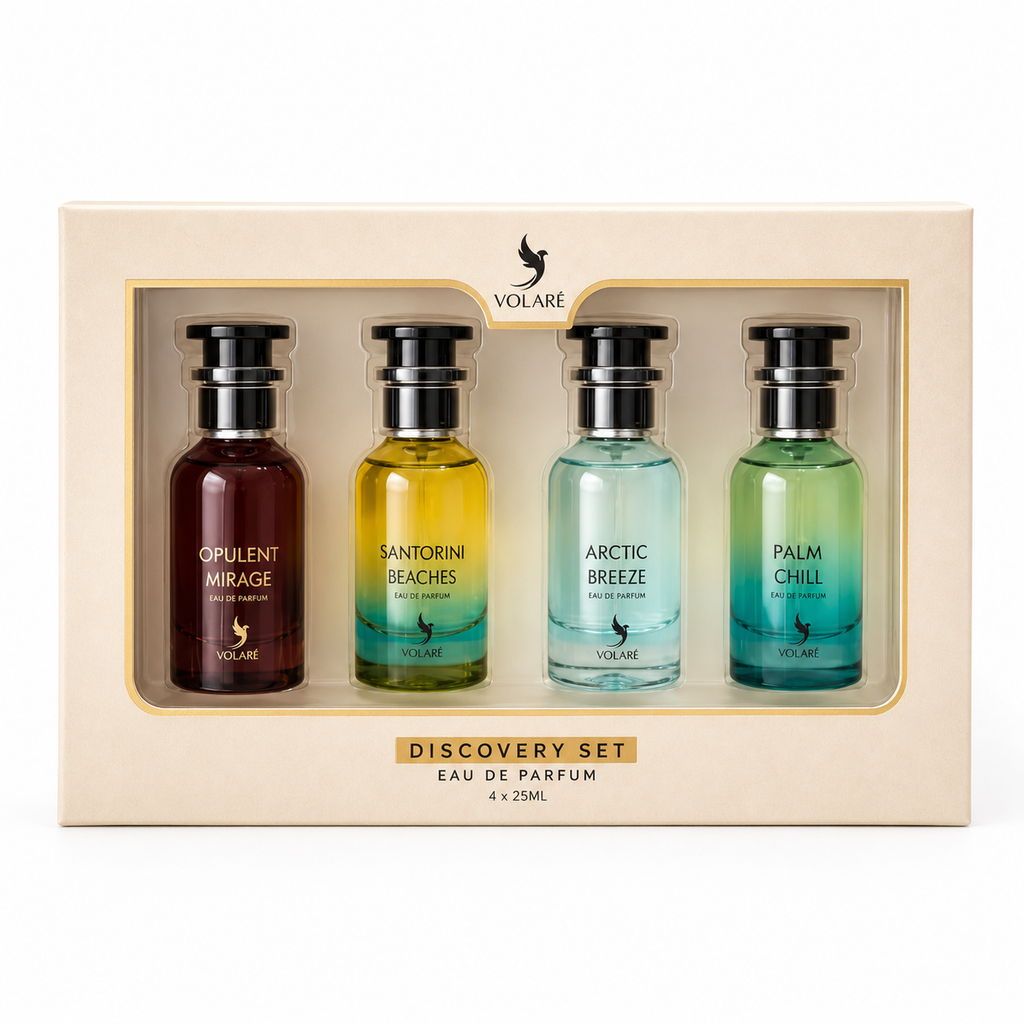 Volare Discovery Set 4×25 ml Eau de Parfum Unisex – Arctic Breeze, Palm Chill, Santorini Beaches, Opulent Mirage – Perfume Gift Set