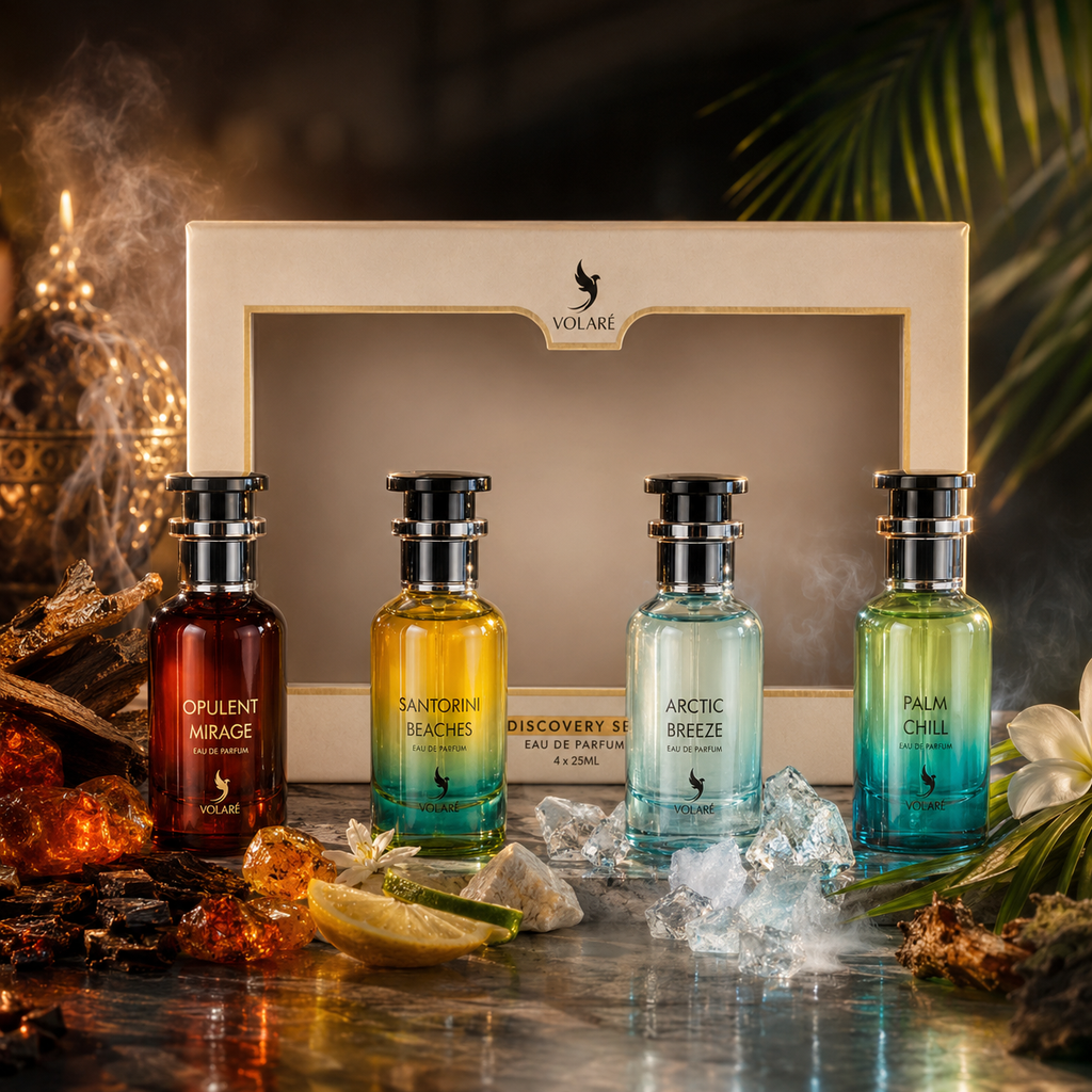 Volare Discovery Set 4×25 ml Eau de Parfum Unisex – Arctic Breeze, Palm Chill, Santorini Beaches, Opulent Mirage – Perfume Gift Set