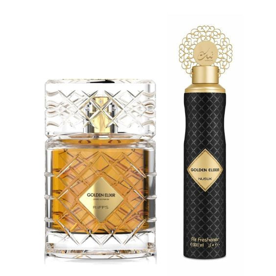 Riiffs Golden Elixir Eau de Parfum 100 ml & Nusuk Air Freshener 300 ml – 2er Set, süß-warmer Luxus Duft, langanhaltend, Raumduft Set