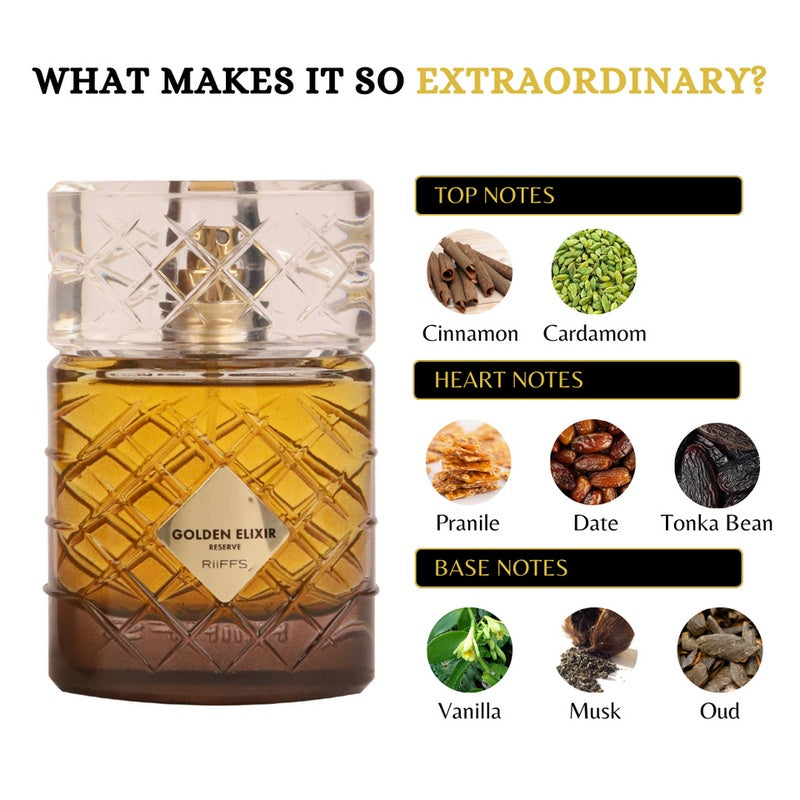 Riiffs Golden Elixir Reserve Eau de Parfum 100ml Unisex – Intensiver Amber-Vanille Duft, Langanhaltendes Luxus Parfum für Damen & Herre