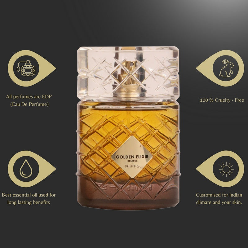 Riiffs Golden Elixir Reserve Eau de Parfum 100ml Unisex – Intensiver Amber-Vanille Duft, Langanhaltendes Luxus Parfum für Damen & Herre